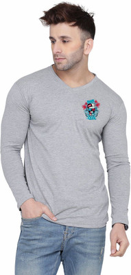 Blisstone Printed Men V Neck Grey T-Shirt