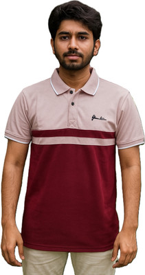 Enigmatic Colorblock Men Polo Neck Pink, Maroon T-Shirt