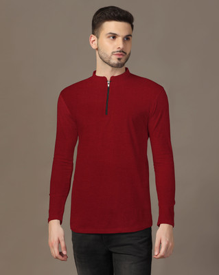 tfurnish Solid Men Mandarin Collar Maroon T-Shirt