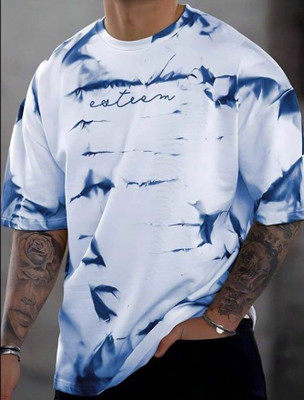AZIZAN Printed Men Round Neck Blue, White T-Shirt
