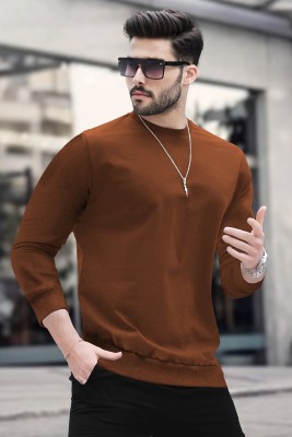 BLIVE Solid Men Round Neck Brown T-Shirt