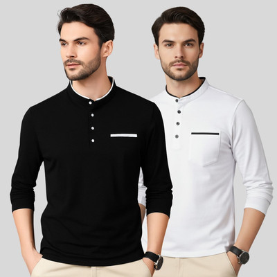 PEAK MOUNT Solid Men Mandarin Collar Black, White T-Shirt