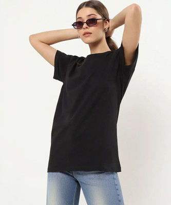 ELABOT Solid Women Round Neck Black T-Shirt