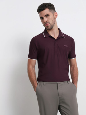 MUFTI Self Design Men Polo Neck Maroon T-Shirt