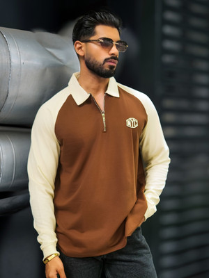 MANIAC Colorblock Men Zip Neck Brown T-Shirt
