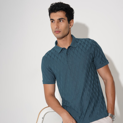 Peregrine by Pantaloons Self Design Men Round Neck Blue T-Shirt