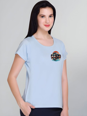 SZN Graphic Print Women Round Neck Light Blue T-Shirt