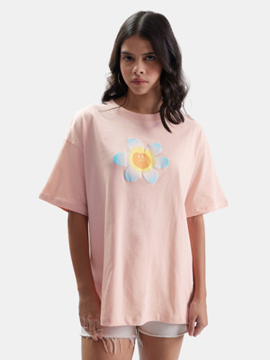 The Souled Store Graphic Print Women Round Neck Pink T-Shirt