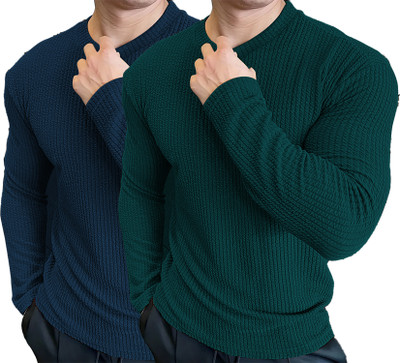 KAJARU Self Design Men Round Neck Dark Green, Dark Blue T-Shirt