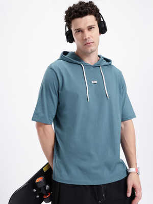 Kook N Keech Solid Men Hooded Neck Blue T-Shirt