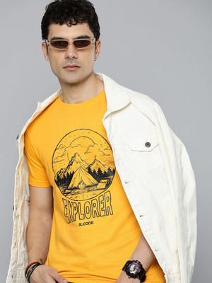 R.Code by The Roadster Life Co. Printed Men Round Neck Yellow T-Shirt