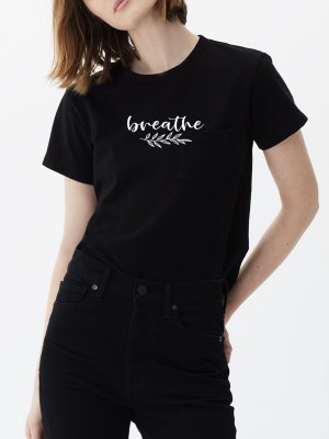 UnaOne Printed Women Round Neck Black T-Shirt