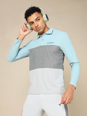 TECHNOSPORT Colorblock Men Polo Neck Light Blue T-Shirt