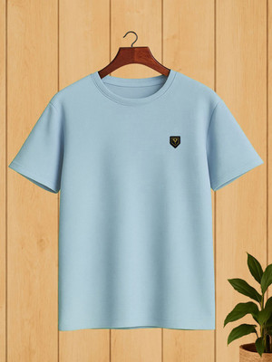 Yazole Solid Men Round Neck Light Blue T-Shirt