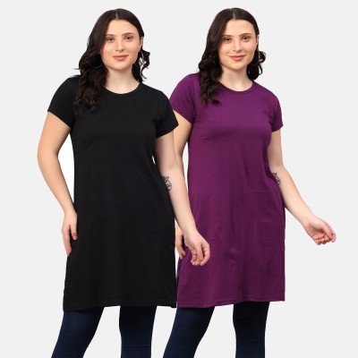 Fleximaa Solid Women Round Neck Black, Purple T-Shirt