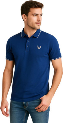 RF Raves Solid Men Polo Neck Navy Blue T-Shirt