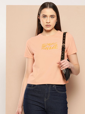 CHEMISTRY Printed Women Round Neck Orange T-Shirt