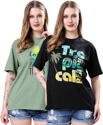 London Hills Graphic Print Women Round Neck Black, Light Green T-Shirt