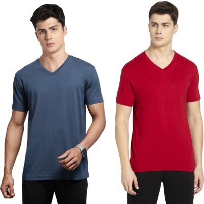 JOCKEY Solid Men V Neck Dark Blue, Red T-Shirt