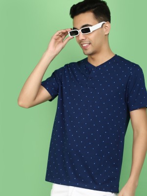 V-MART Printed Men Henley Neck Navy Blue T-Shirt