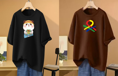 RAPTUROUS Printed Women Round Neck Black, Brown T-Shirt
