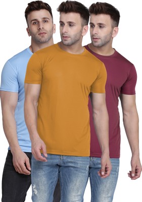 TQH Solid Men Round Neck Yellow, Light Blue, Maroon T-Shirt