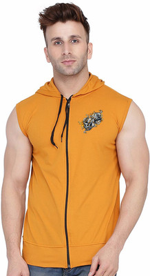 Lawful Casual Printed Men Hooded Neck Yellow T-Shirt