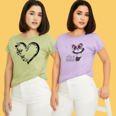 Kintu Parantu Printed Women Round Neck Green, Purple T-Shirt