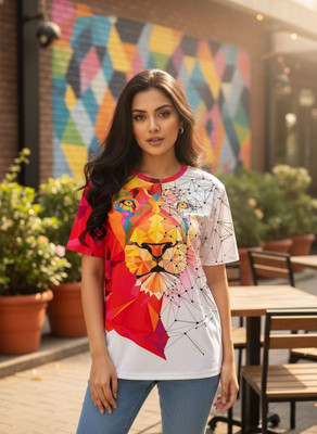 UD FABRIC Animal Print Women Round Neck Multicolor T-Shirt
