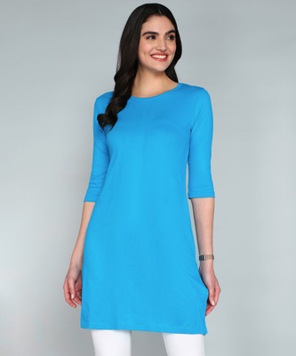 Fleximaa Solid Women Round Neck Blue T-Shirt