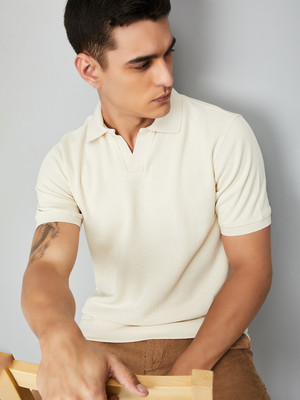 MAX Solid Men Round Neck Beige T-Shirt