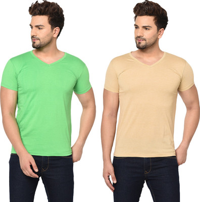 Adorbs Trend Solid Men V Neck Beige, Green T-Shirt