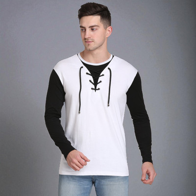 Faricon Trend Solid, Colorblock Men Round Neck White, Black T-Shirt
