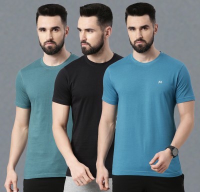 Force NXT Solid Men Round Neck Blue, Black, Green T-Shirt