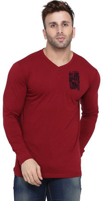 GEUM Printed Men V Neck Maroon T-Shirt