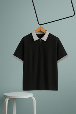 NB NICKY BOY Solid Men Zip Neck Black T-Shirt