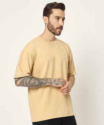 TRIOCOMET Solid Men Round Neck Beige T-Shirt
