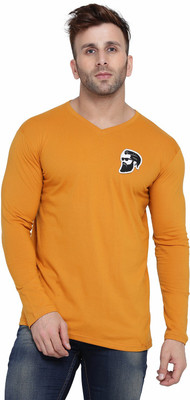 GEUM Solid Men V Neck Gold T-Shirt