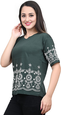 Yunic29 Casual Embroidered Women Dark Green Top
