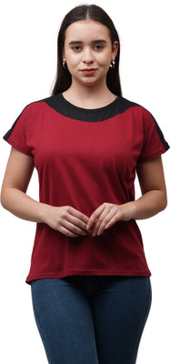 HouseOfCommon Solid Women Round Neck Maroon T-Shirt