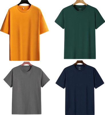TTFE Solid Men Round Neck Grey, Dark Green, Navy Blue, Orange T-Shirt