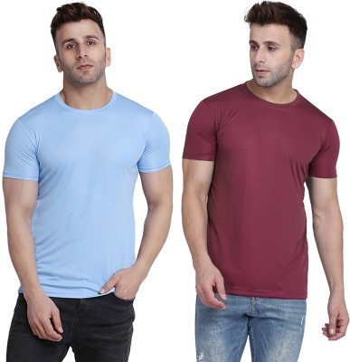 TQH Solid Men Round Neck Light Blue, Maroon T-Shirt