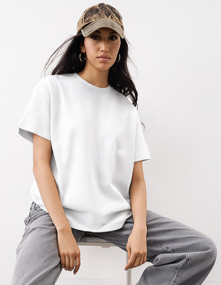 tooidde Solid Women Round Neck White T-Shirt