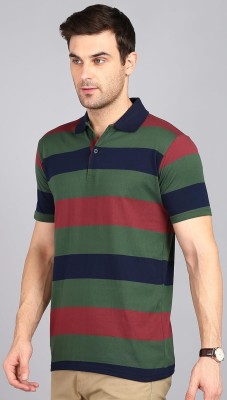 3BROS Striped Men Polo Neck Green T-Shirt