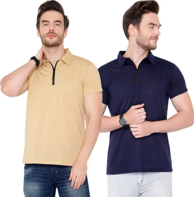 JB Jangoboy Solid Men Polo Neck Dark Blue, Beige T-Shirt