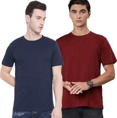 Organic Chics Solid Men Round Neck Dark Blue, Maroon T-Shirt