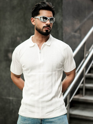MANIAC Self Design Men Polo Neck White T-Shirt