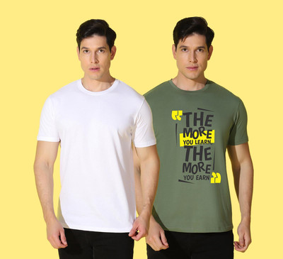 WOOSTRO Printed, Solid Men Round Neck White, Green T-Shirt