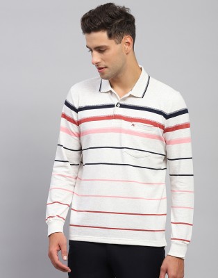 MONTE CARLO Striped Men Polo Neck White T-Shirt