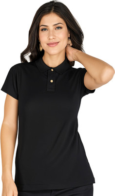 SHAUN Solid Women Polo Neck Black T-Shirt